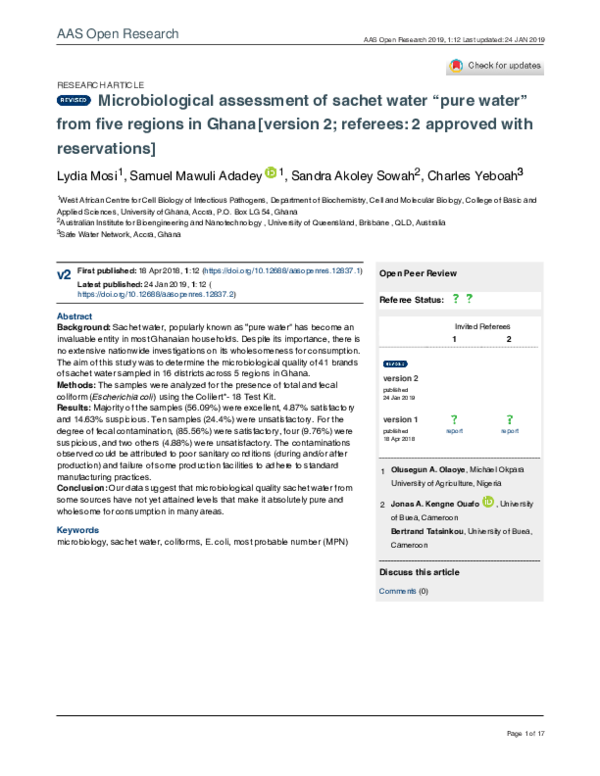 (PDF) Microbiological assessment of sachet water “pure water” from five