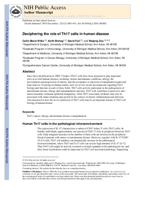 (PDF) Deciphering the role of Th17 cells in human disease