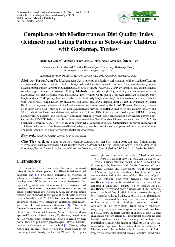 (PDF) Compliance with Mediterranean Diet Quality Index (Kidmed) and