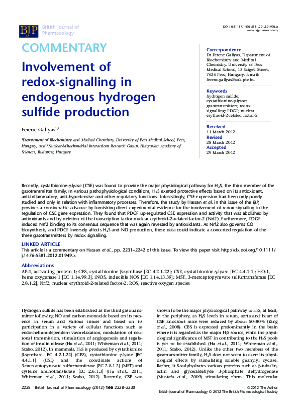 (PDF) Involvement of redox-signalling in endogenous hydrogen sulfide ...