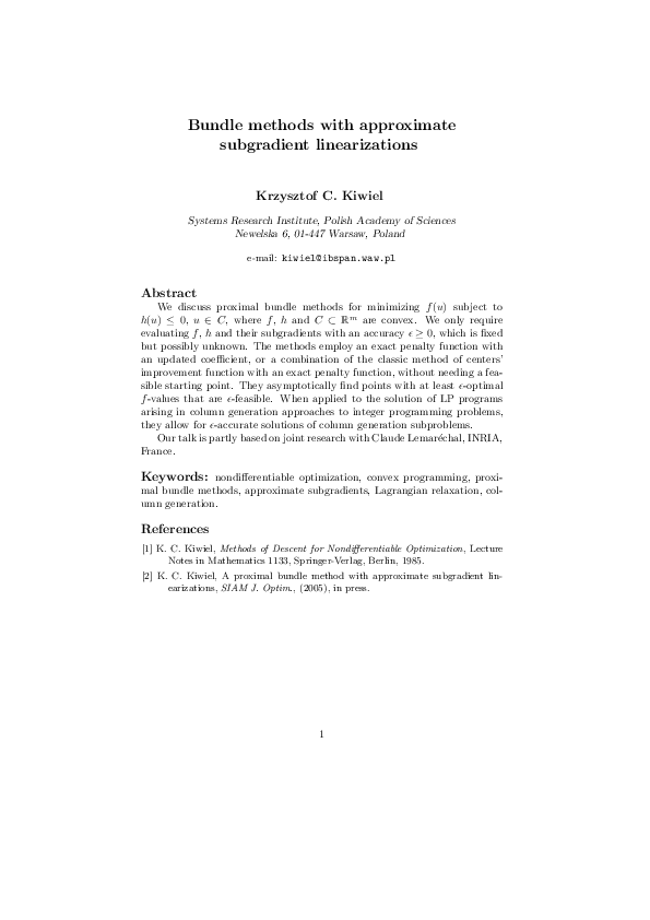(PDF) A Proximal Bundle Method with Approximate Subgradient Linearizations