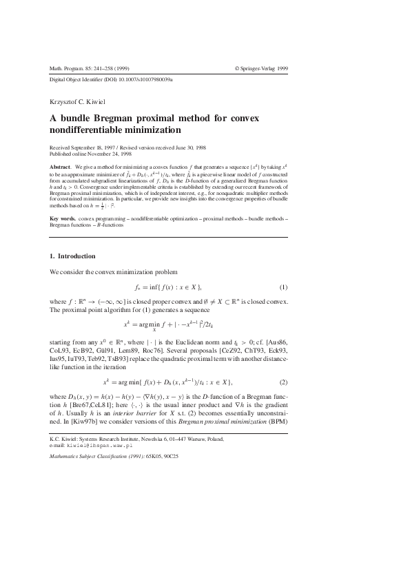 (PDF) A bundle Bregman proximal method for convex nondifferentiable ...