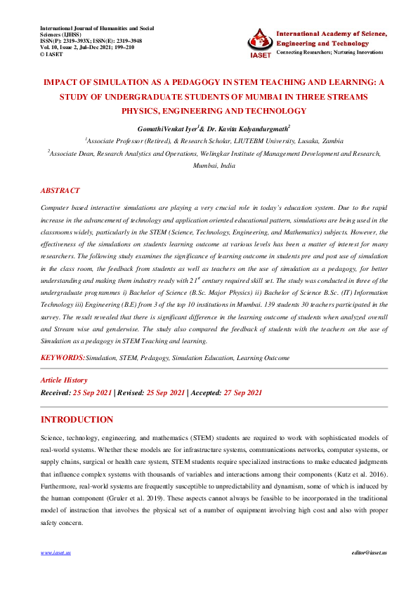 (PDF) IMPACT OF SIMULATION AS A PEDAGOGY IN STEM TEACHING AND LEARNING ...