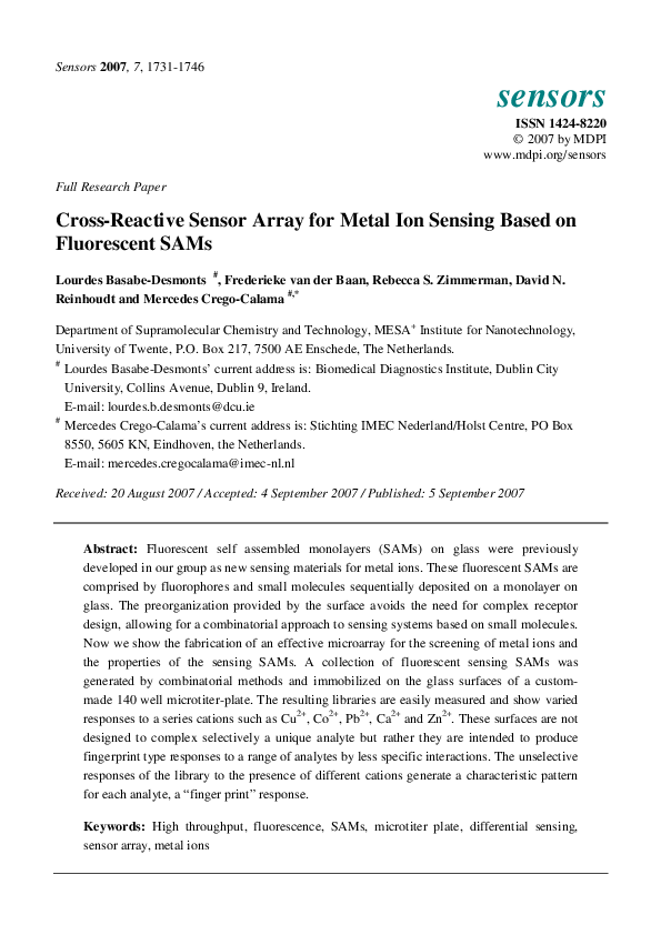 (PDF) Cross-Reactive Sensor Array for Metal Ion Sensing Based on ...