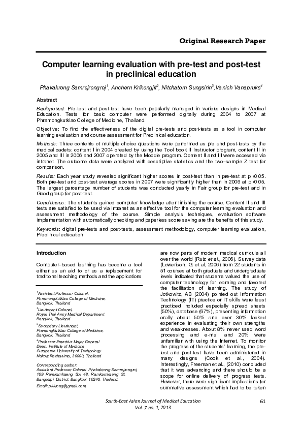 (PDF) Computer learning evaluation with pre-test and post-test in ...