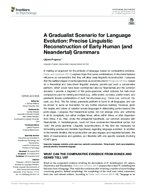 (PDF) A Gradualist Scenario for Language Evolution: Precise Linguistic ...