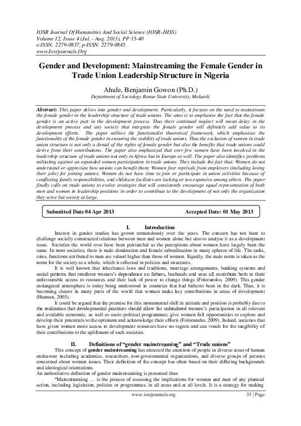 (PDF) Gender and Development: Mainstreaming the Female Gender in Trade ...
