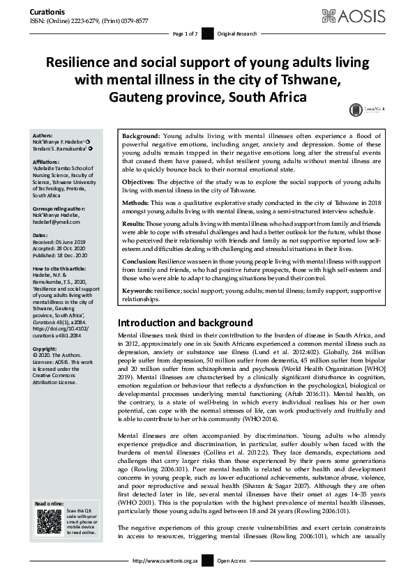 (PDF) Resilience and social support of young adults living with mental ...