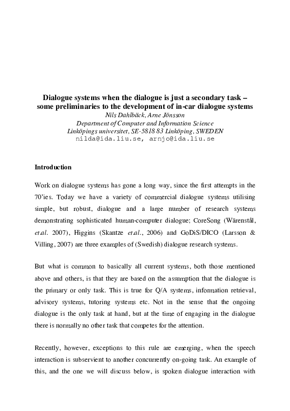 (PDF) Dialogue systems when the dialogue is just a secondary task ...