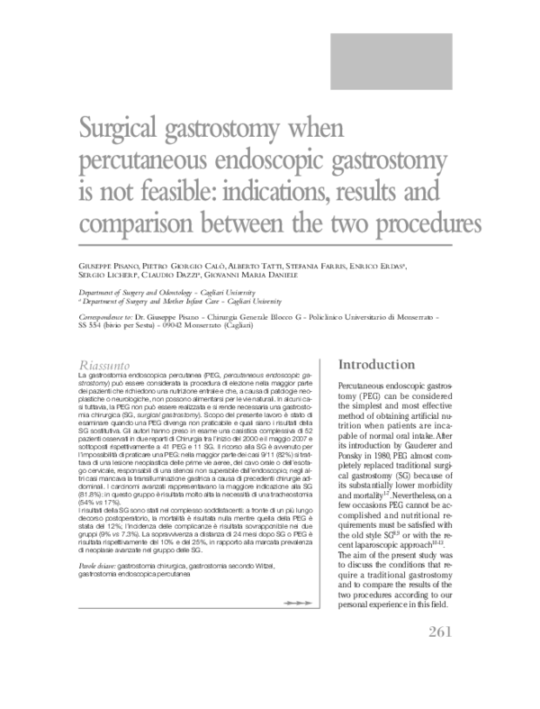(PDF) Surgical gastrostomy when percutaneous endoscopic gastrostomy is