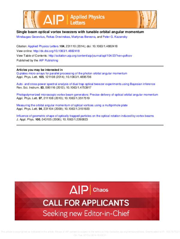 (PDF) Single beam optical vortex tweezers with tunable orbital angular ...
