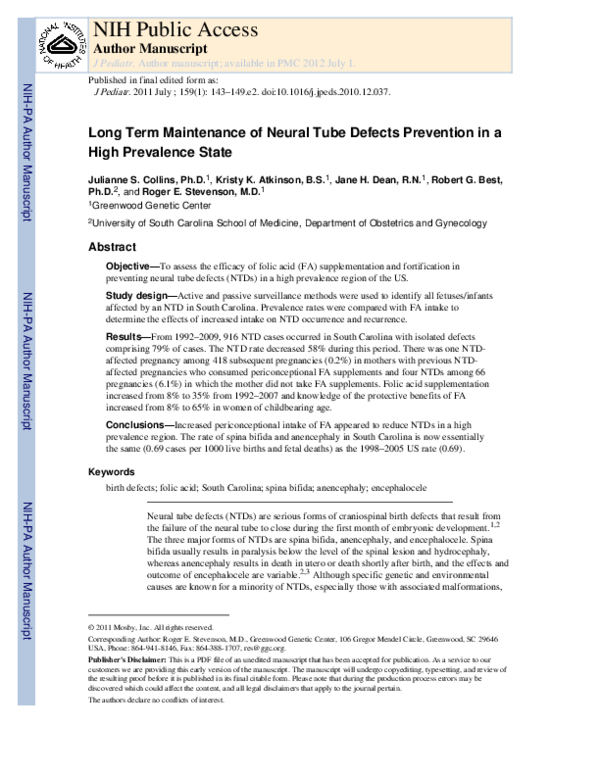 (PDF) Long Term Maintenance of Neural Tube Defects Prevention in a High ...