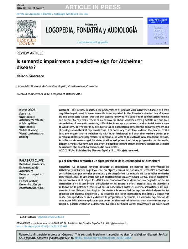 (PDF) Is semantic impairment a predictive sign for Alzheimer disease?