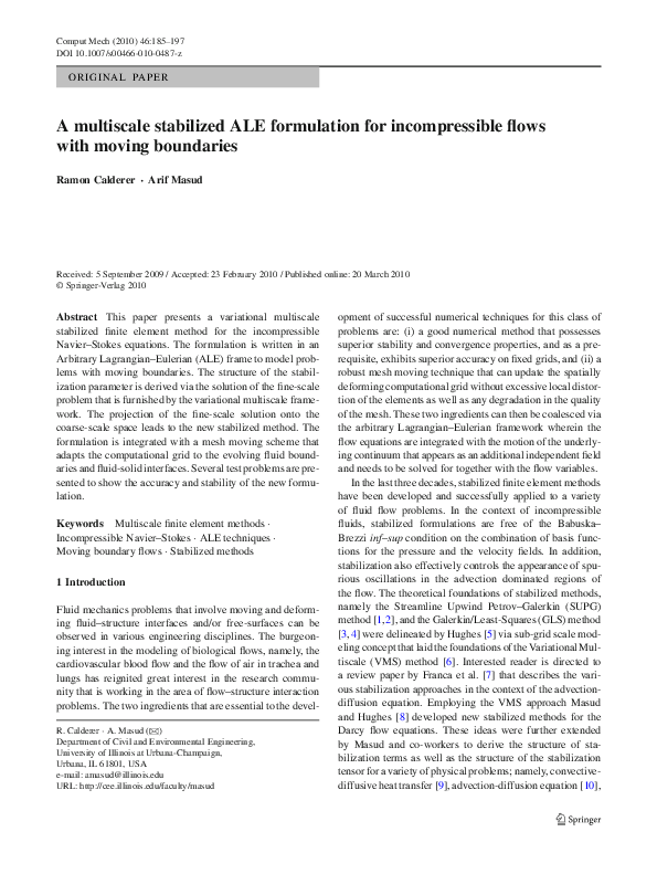 (PDF) A multiscale stabilized ALE formulation for incompressible flows ...
