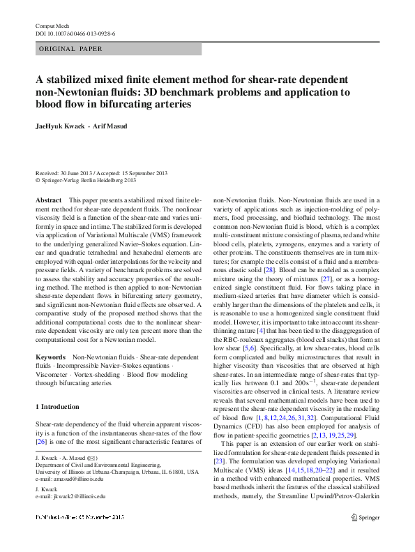 (PDF) A stabilized mixed finite element method for shear-rate dependent ...