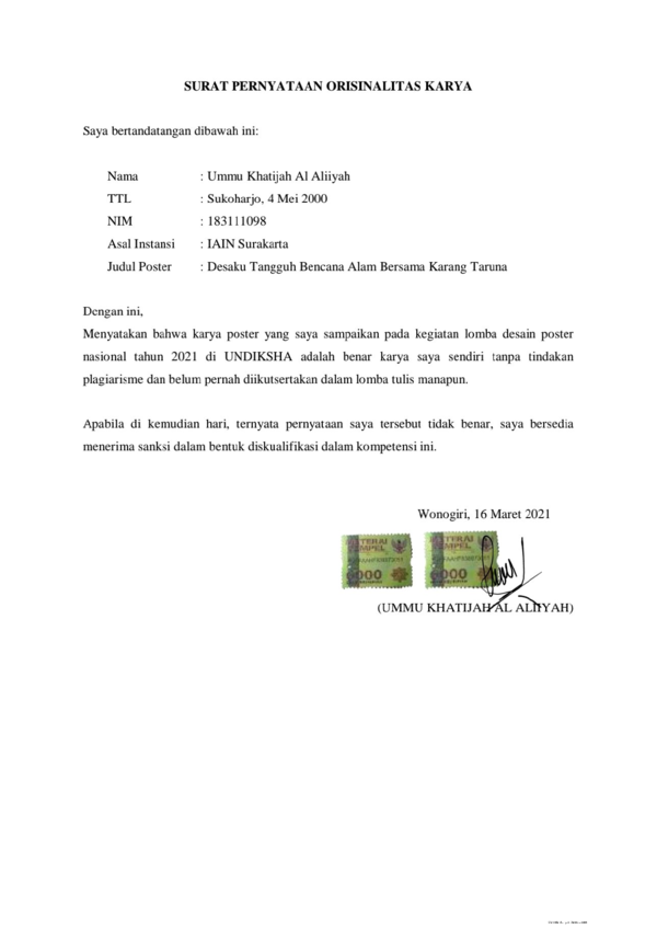 Surat pernyataan orisinalitas karya