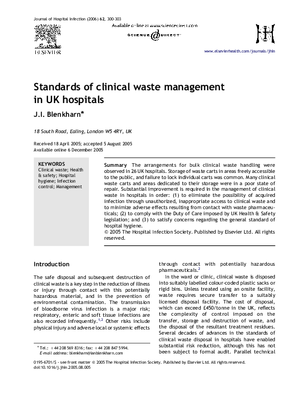 (PDF) Standards of clinical waste management in UK hospitals Ian