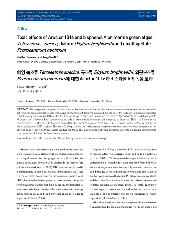 (PDF) Toxic effects of Aroclor 1016 and bisphenol A on marine green ...