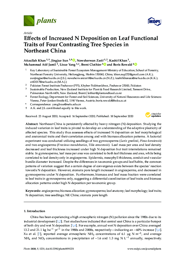 (PDF) Effects of Increased N Deposition on Leaf Functional Traits of ...