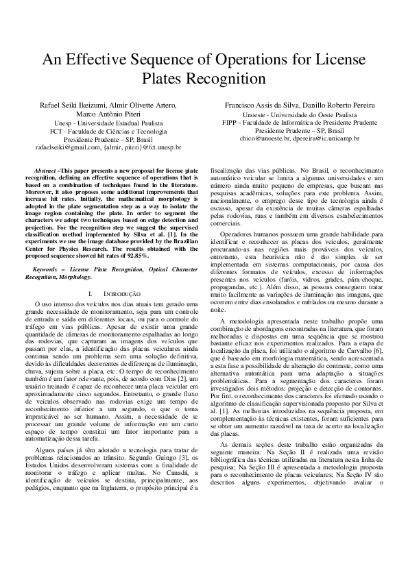 (PDF) An Efficient Sequence of Operations for License Plates Recognition