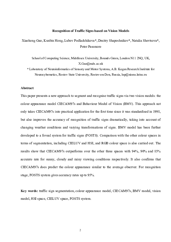 (PDF) Recognition of Traffic Signs based on Vision Models