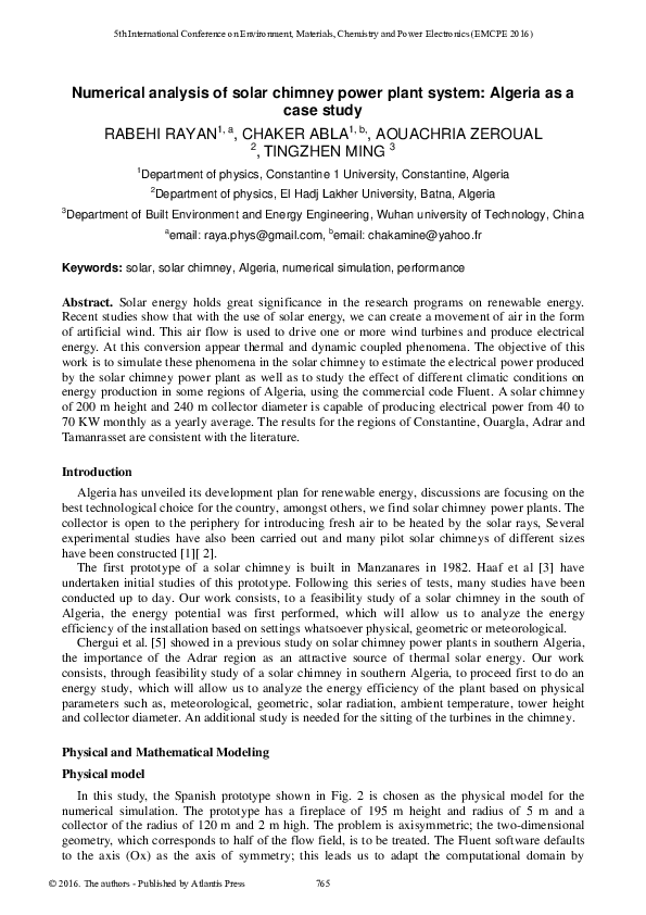(PDF) Numerical Analysis of the Solar Chimney Power Plant with Energy ...