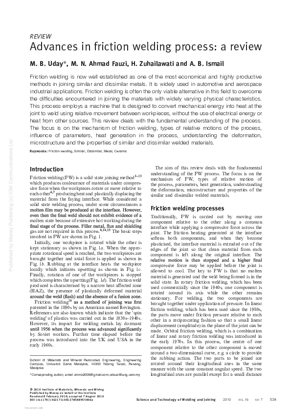 (PDF) Advances in friction welding process: a review