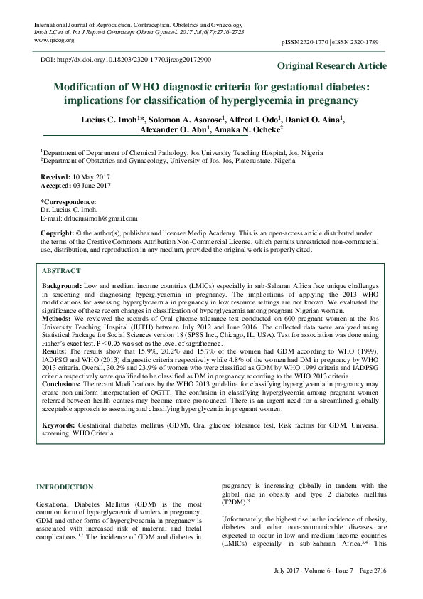 (PDF) Modification of WHO diagnostic criteria for gestational diabetes ...