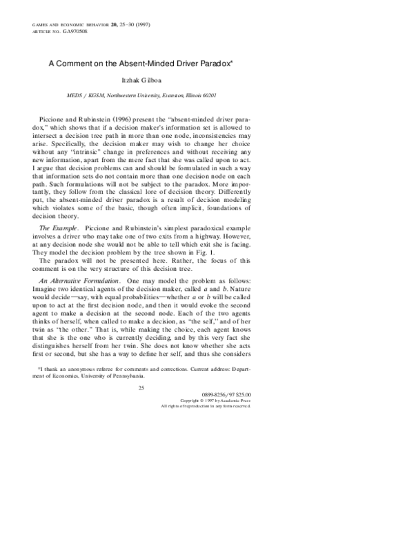 (PDF) A Comment on the Absent-Minded Driver Paradox