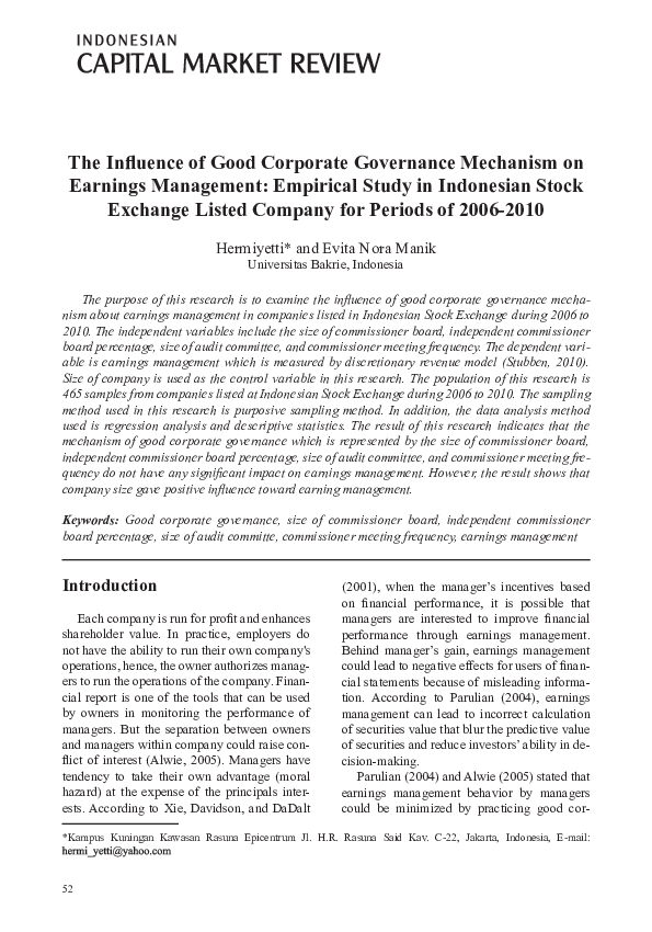 (PDF) The Influence of Good Corporate Governance Mechanism on Earning ...