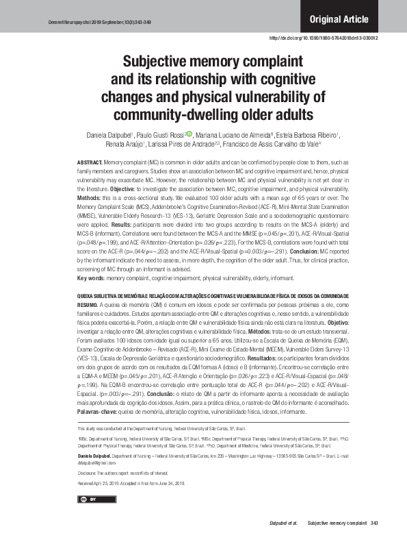 (PDF) Subjective memory complaint and its relationship with cognitive ...