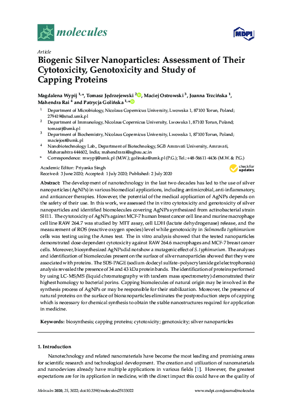 (PDF) Biogenic Silver Nanoparticles: Assessment of Their Cytotoxicity ...
