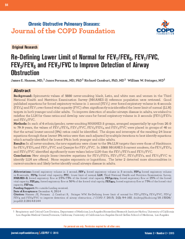 (PDF) Re-Defining Lower Limit of Normal for FEV1/FEV6, FEV1/FVC, FEV3 ...