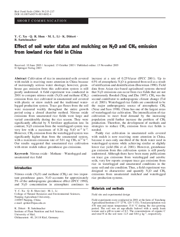 (PDF) Effect of soil water status and mulching on N 2 O and CH 4 ...