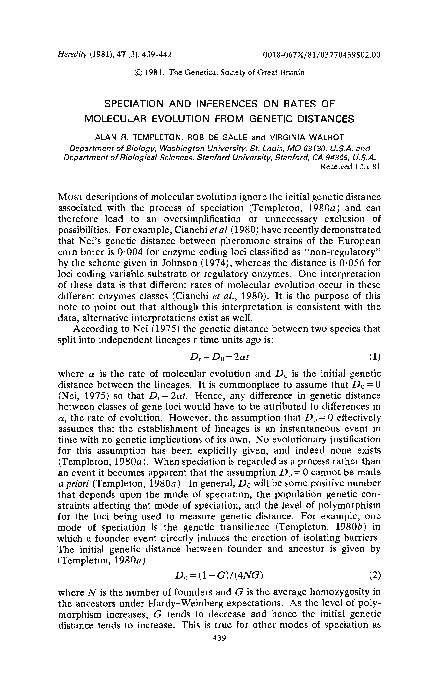 (PDF) Speciation and inferences on rates of molecular evolution from ...
