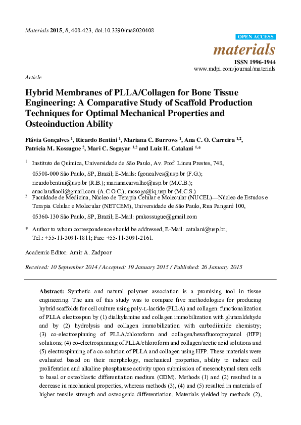 (PDF) Hybrid Membranes of PLLA/Collagen for Bone Tissue Engineering: A ...