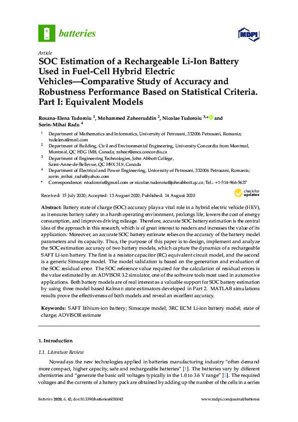 (PDF) SOC Estimation of a Rechargeable Li-Ion Battery Used in Fuel-Cell ...