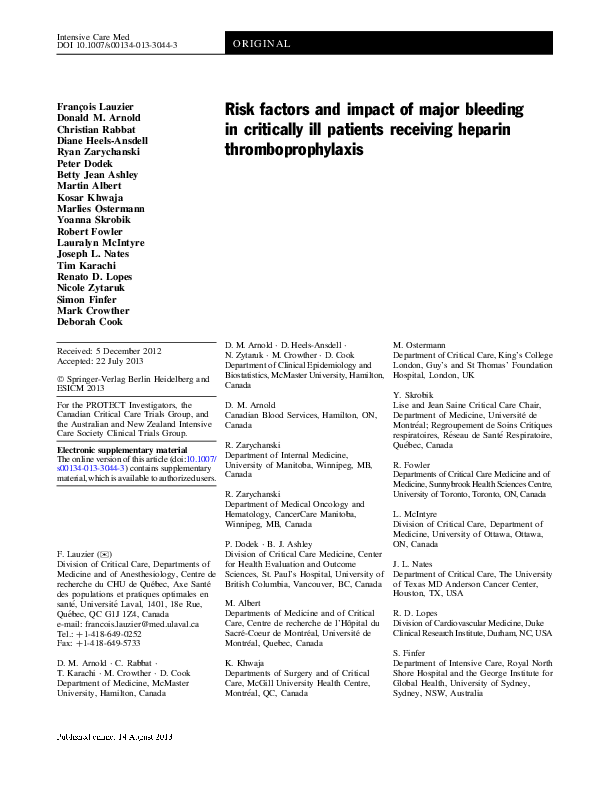 (PDF) Risk factors and impact of major bleeding in critically ill ...