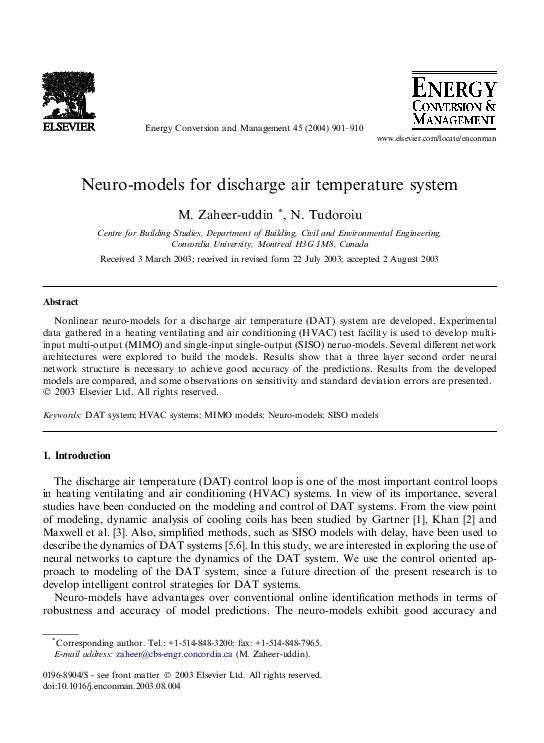 (PDF) Neuromodels for discharge air temperature system Nicolae