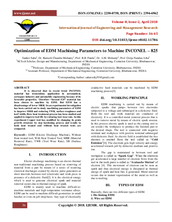 (PDF) Optimization of EDM Machining Parameters to Machine INCONEL – 825