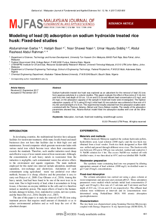 (PDF) Modeling of lead (II) adsorption on sodium hydroxide treated rice ...