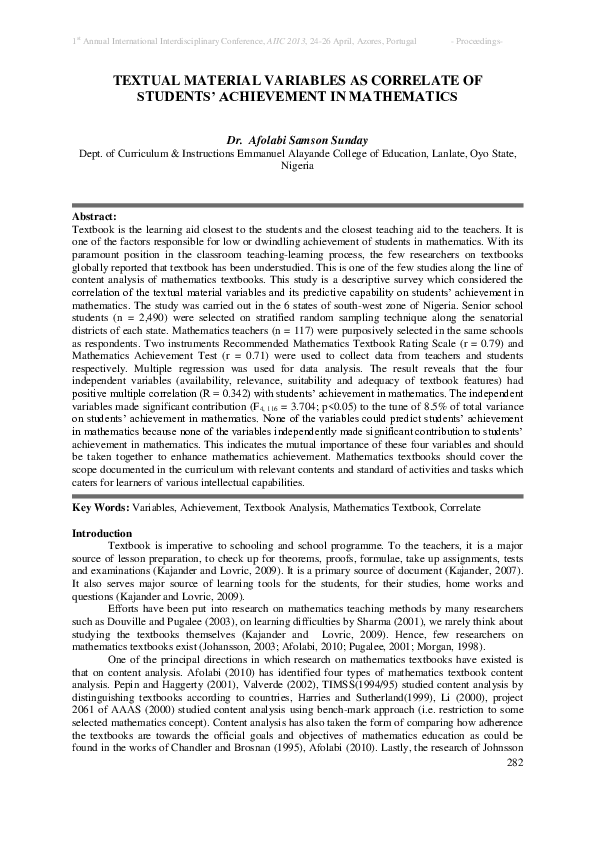 (PDF) Textual Material Variables as Correlate of Students’ Achievement ...