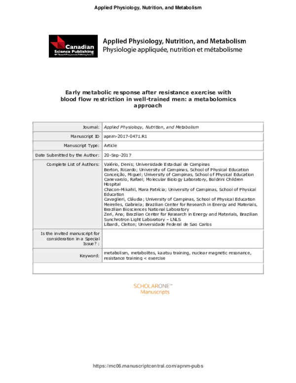 (PDF) Early metabolic response after resistance exercise with blood ...