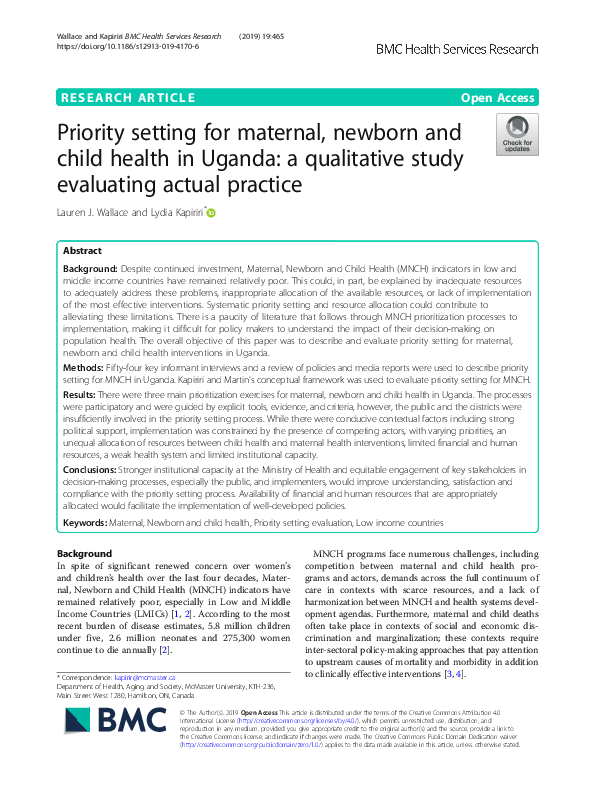 (PDF) Priority setting for maternal, newborn and child health in Uganda ...