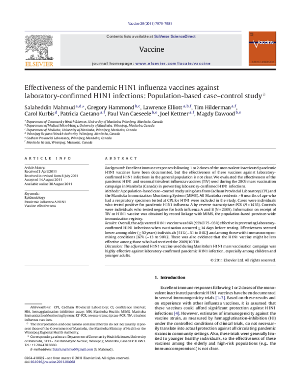 (PDF) Effectiveness of the pandemic H1N1 influenza vaccines against ...
