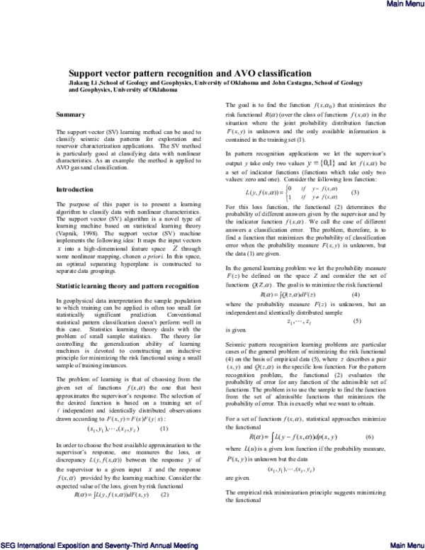 (PDF) Support vector pattern recognition and AVO classification