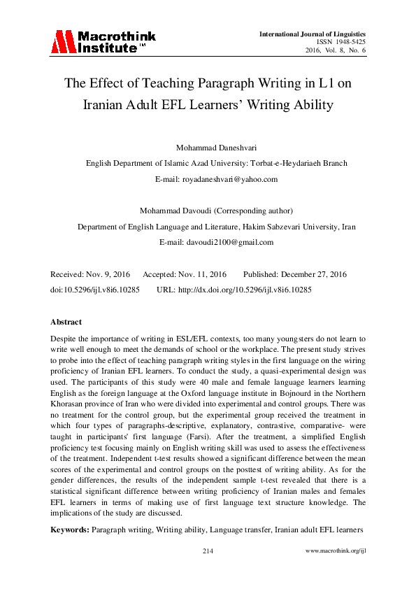 (PDF) The Effect of Teaching Paragraph Writing in L1 on Iranian Adult ...