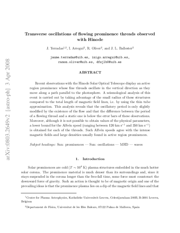 (PDF) Transverse Oscillations of Flowing Prominence Threads Observed ...