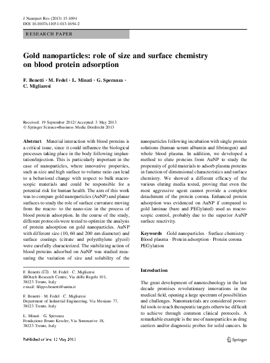 (PDF) Gold nanoparticles: role of size and surface chemistry on blood ...