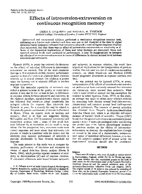 (PDF) Effects of introversion-extraversion on continuous recognition memory